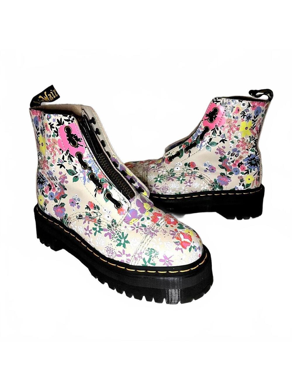 Dr. Martens Sinclair Floral Mash Up Platform Boots Parchment Beige Size 8